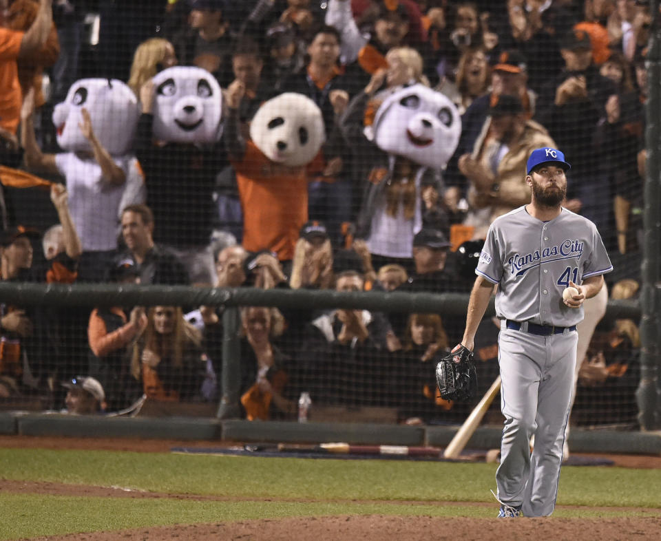 Kansas City Royals pitcher Danny Duffy reacts after the San Francisco Giants' Pablo Sandoval singled in the fifth inning during Game 4 of the World Series at AT&T Park in San Francisco, on Friday, Oct. 25, 2014. (David Eulitt/Kansas City Star/MCT via Getty Images)