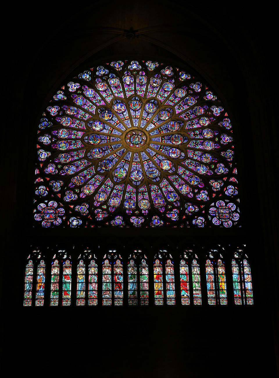 File photo dated 01/03/15 of the North Rose stained glass window at Notre Dame cathedral in Paris, France, which is feared to have been destroyed by fire.