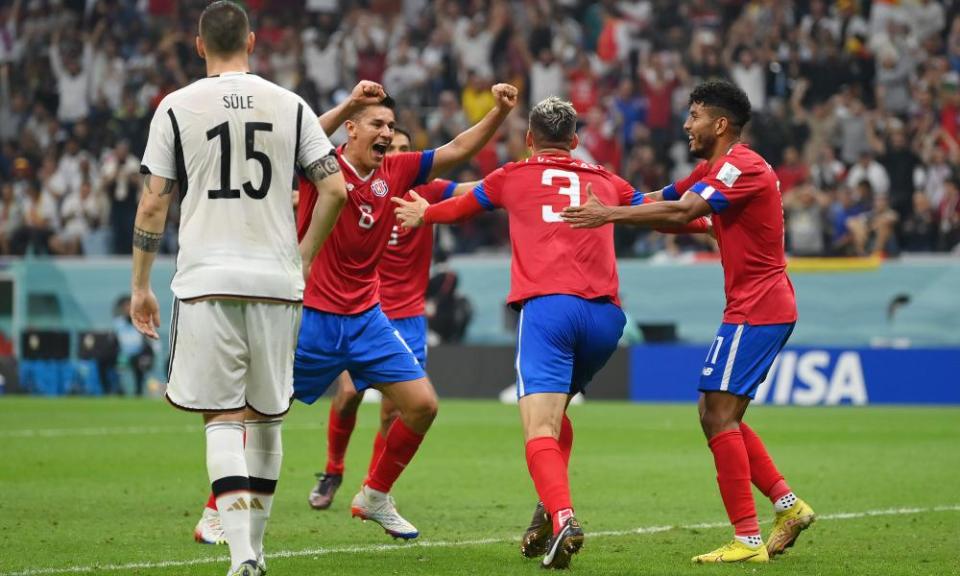 Juan Pablo Vargas celebrates his second-half strike with his Costa Rica teammates.