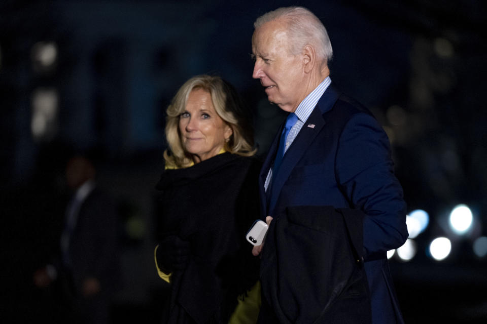 President Joe Biden and first lady Jill Biden arrive at the White House in Washington, Tuesday, Jan. 23, 2024, after traveling to Manassas, Va., for a campaign event. (AP Photo/Andrew Harnik)