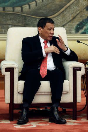 Philippines President Rodrigo Duterte speaks with Zhang Dejiang, Chairman of the Standing Committee of the National People's Congress of China (not pictured) during a meeting at the Great Hall of the People in Beijing, China, October 20 2016. REUTERS/Wu Hong/Pool