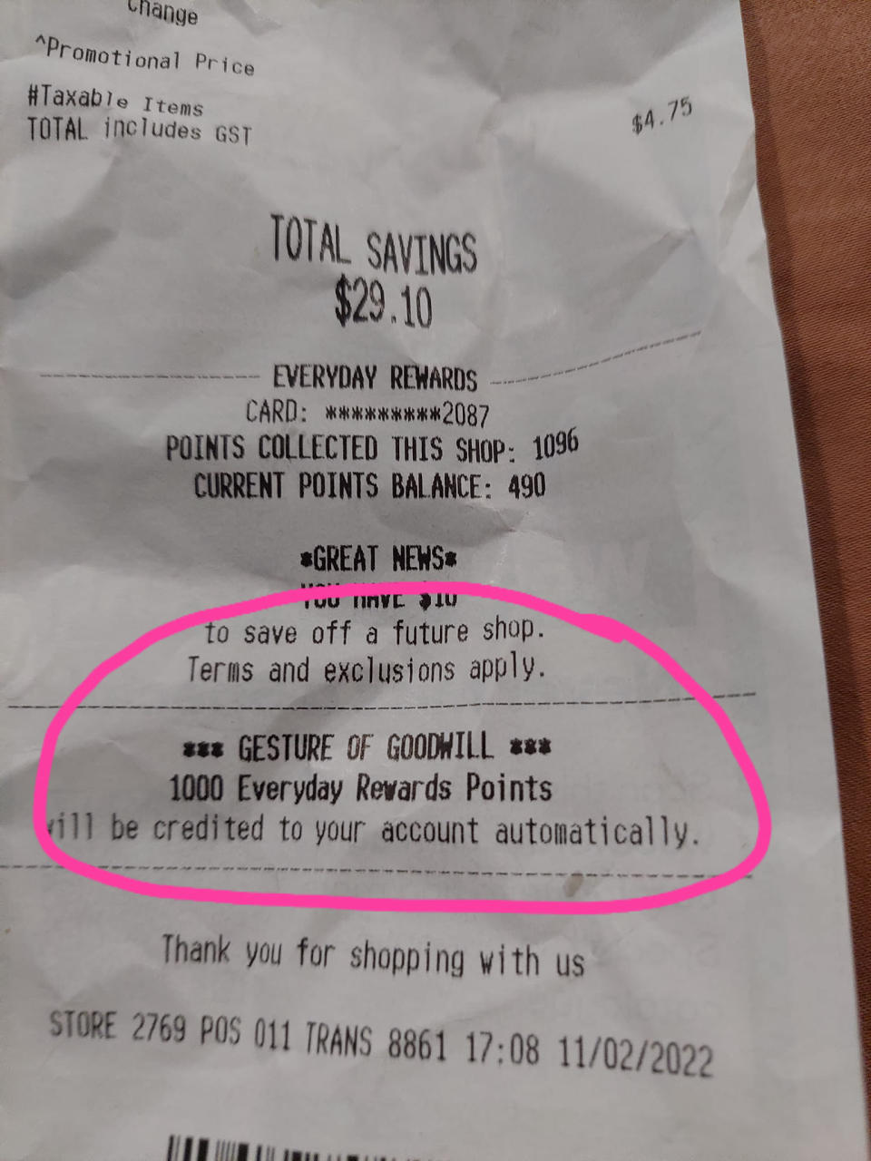 Joanna Palmer receipt showing the extra 1000 Woolworths Everyday Rewards points.