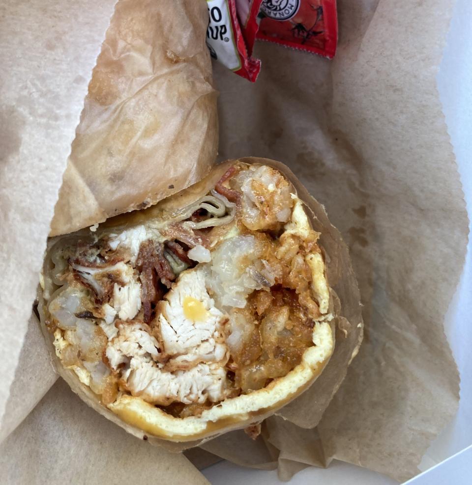 The Breakfast Burrito with the fried chicken option at Mess Hall restaurant at 2136 Wrightsville Ave. in Wilmington, N.C.