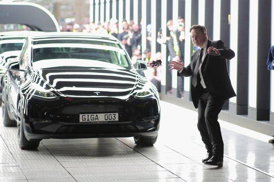 Tesla CEO Elon Musk attends the official opening of the new Tesla electric car manufacturing plant on March 22, 2022 near Gruenheide, Germany.. (Photo by Christian Marquardt - Pool/Getty Images)<p>Pool/Getty Images</p>