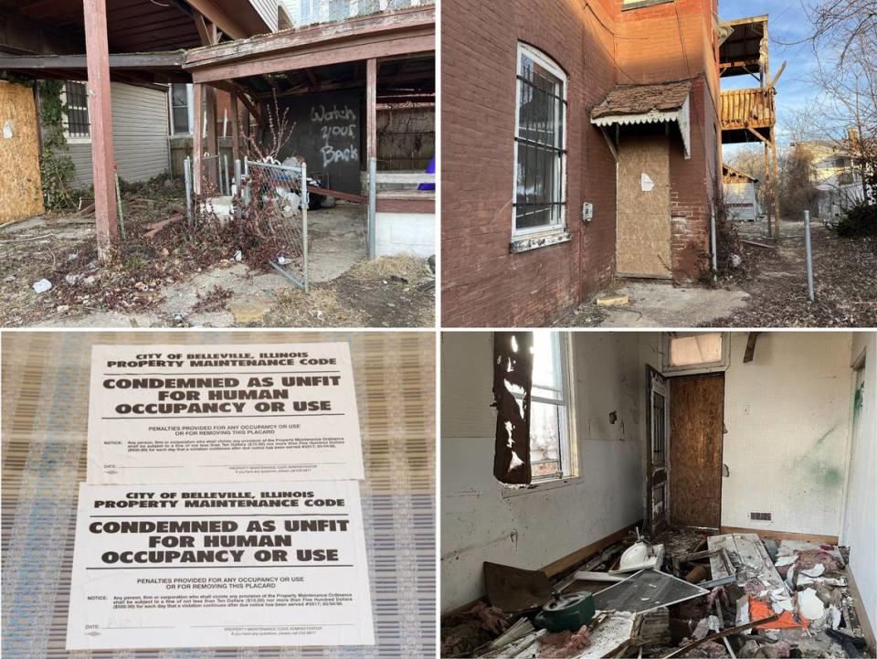 A notice on the front window of a building at 520 N. Illinois St. in Belleville deems it “unfit for human occupancy or use.” In back, squatters have strewn trash and debris inside and outside and painted graffiti on walls. Teri Maddox/tmaddox@bnd.com