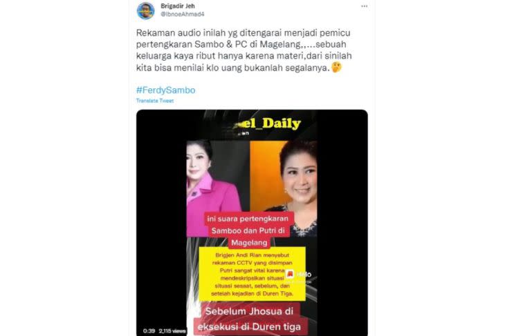 Unggahan hoaks yang diklaim sebagai rekamanan pertengkaran Ferdy Sambo dan istrinya di Magelang. (Twitter)