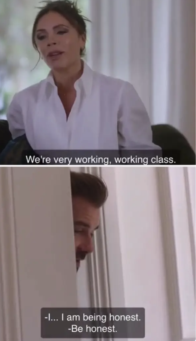 Screenshots from the show where Victoria says she grew up "very working class," and David looks at her from the doorway