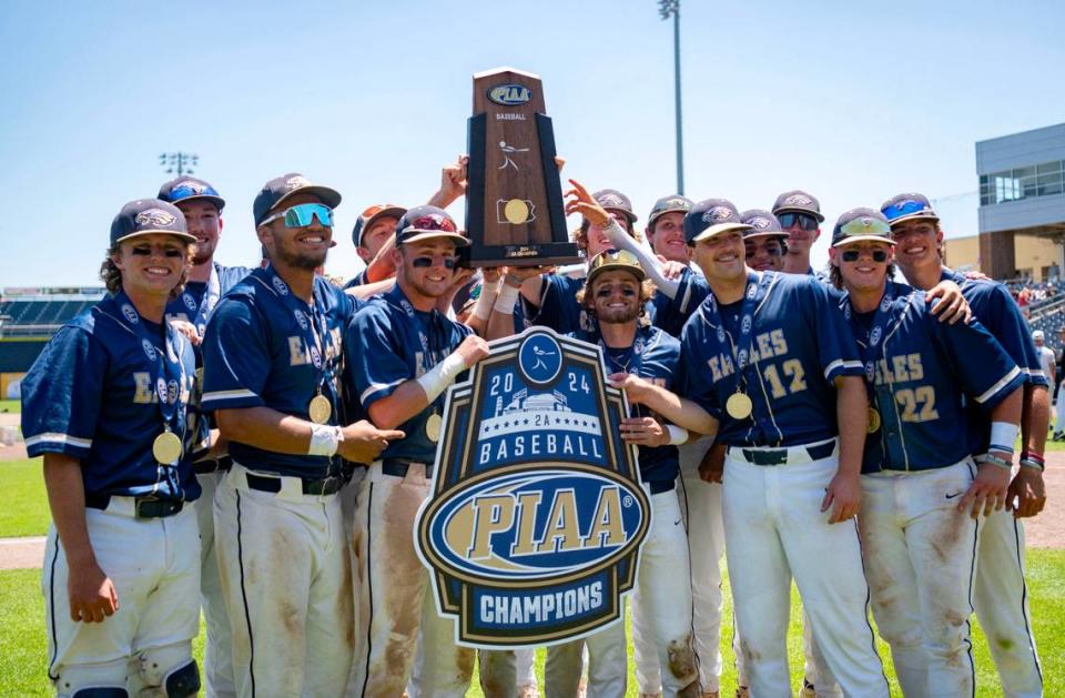 Bald Eagle Area baseball celebrates the win over Tri-Valley in the PIAA 2A championship game at Medlar Field on Thursday, June 13, 2024.