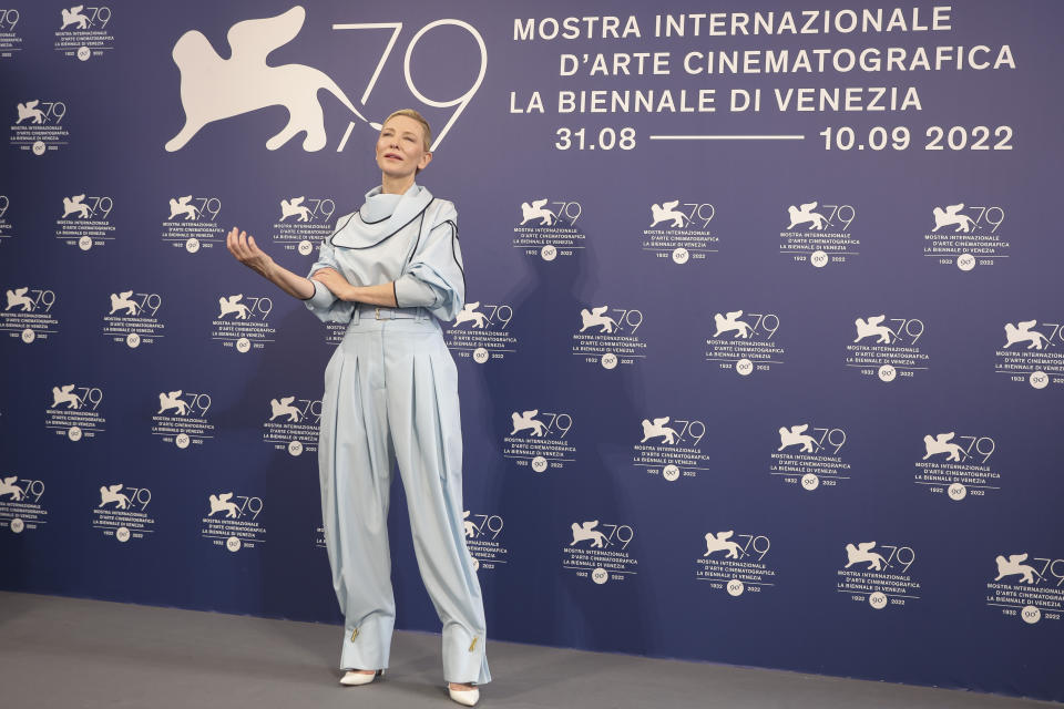 Cate Blanchett poses for photographers at the photo call for the film 'Tar' during the 79th edition of the Venice Film Festival in Venice, Italy, Thursday, Sept. 1, 2022. (Photo by Joel C Ryan/Invision/AP)
