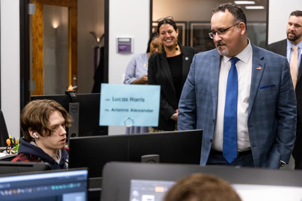 U.S. Secretary of Education Miguel Cardona visits Francis Tuttle Technology Center Rockwell Campus on Thursday and speaks with students about programs they’re enrolled in.