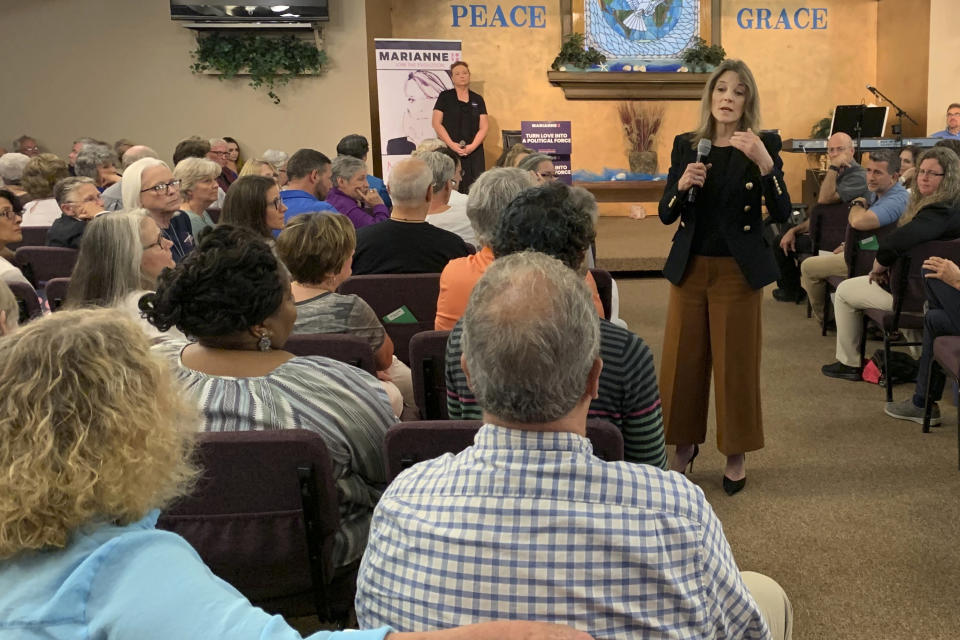 Democratic presidential candidate Marianne Williamson, speaks to a group of supporters at a church in Greenville, S.C., on Aug. 30, 2019. Despite being excluded from this week’s third Democratic debate due to poor polling numbers, the best-selling author continues to campaign full time, with the goal of qualifying for the fourth debate in mid-October. (AP Photo/Khalil Ashraf)