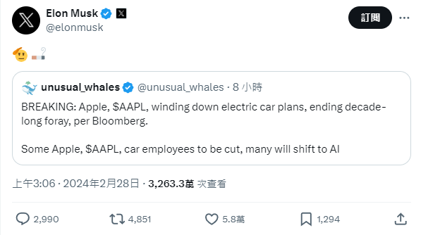 特斯拉（TSLA-US）的執行長馬斯克也對這一決定表示慶祝。他在 X上發了一個敬禮的表情符號和一支香煙。   圖 : 翻攝自X帳號@@elonmusk