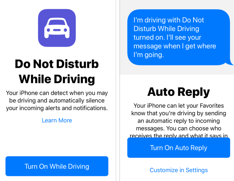 Screenshots of the 'Do Not Disturb While Driving' feature on the iPhone.