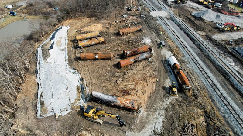 FILE PHOTO: Site of the derailment of a train carrying hazardous waste, in East Palestine, Ohio