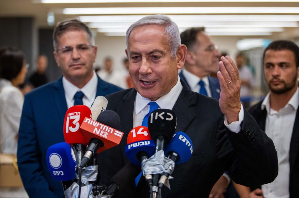 Israel's former Prime Minister Benjamin Netanyahu speaks to the press at the Knesset in Jerusalem on June 20, 2022.