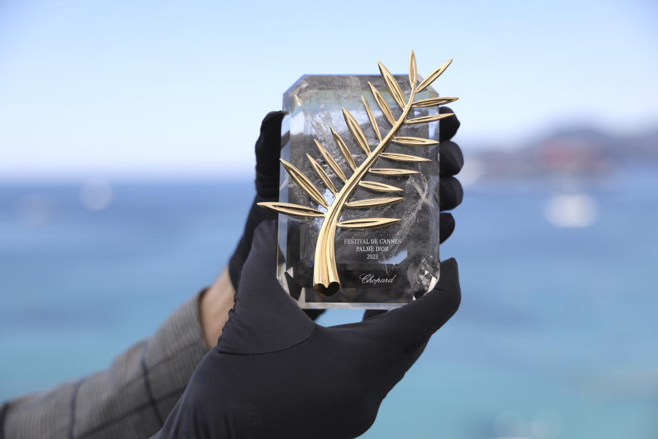 The Palme d'Or is displayed at the 76th international film festival, Cannes, southern France, Tuesday, May 16, 2023. (Photo by Vianney Le Caer/Invision/AP)