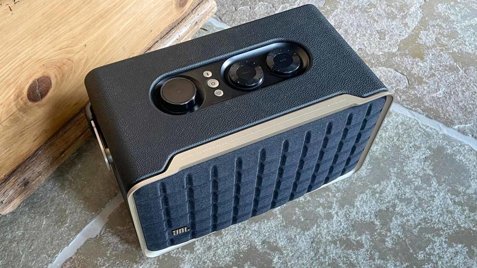 JBL Authentics 300 speaker on floor showing controls on top