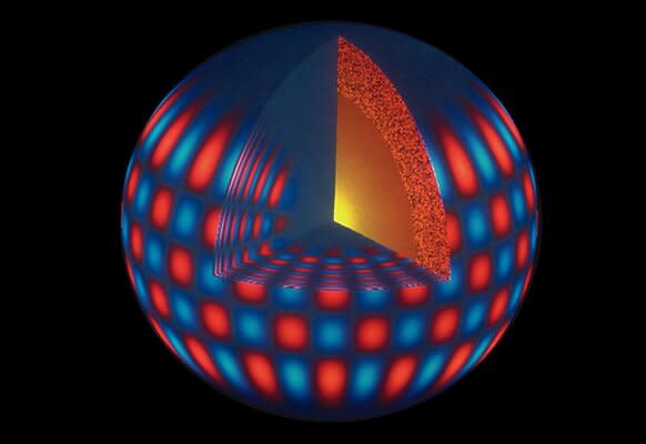 As p-waves move through the Sun the surface oscillates, as shown in this physical model of how the surface moves up and down. 