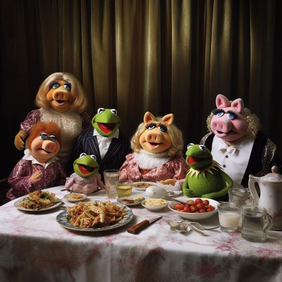 An AI-generated image showing what the children of Kermit and Miss Piggy from the Muppets might look like.