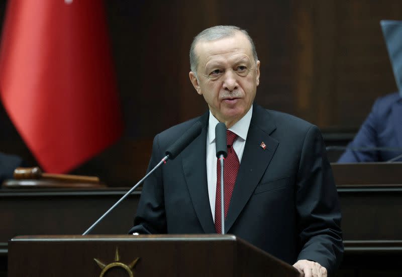 FILE PHOTO: Turkey's President Erdogan addresses lawmakers from his ruling AK Party in Ankara