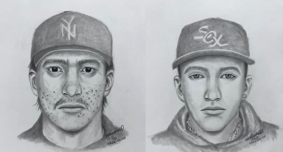 RCMP distributed these forensic artist-rendered sketches in the hopes of identifying two unknown suspects in the Feb. 2 shooting death of Jordan Wright in North Battleford, Sask. Anyone with information about his death or who may know these two men is asked to contact police. (Saskatchewan RCMP Major Crimes - image credit)