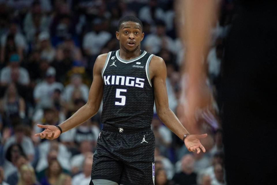 Sacramento Kings guard De’Aaron Fox (5) reacts after a foul is called against him during Game 1 of the first-round NBA playoff series at Golden 1 Center on Saturday.