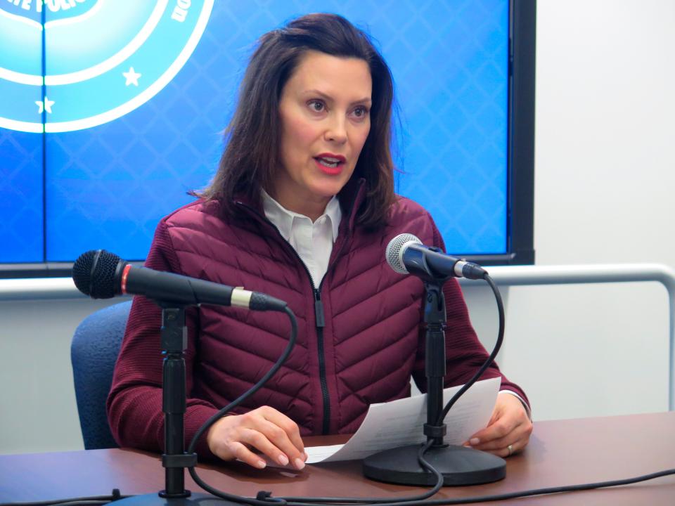 Michigan Gov. Gretchen Whitmer announces the state's first two cases of coronavirus, at the Michigan State Police headquarters in Windsor Township, Mich. on March 10, 2020.