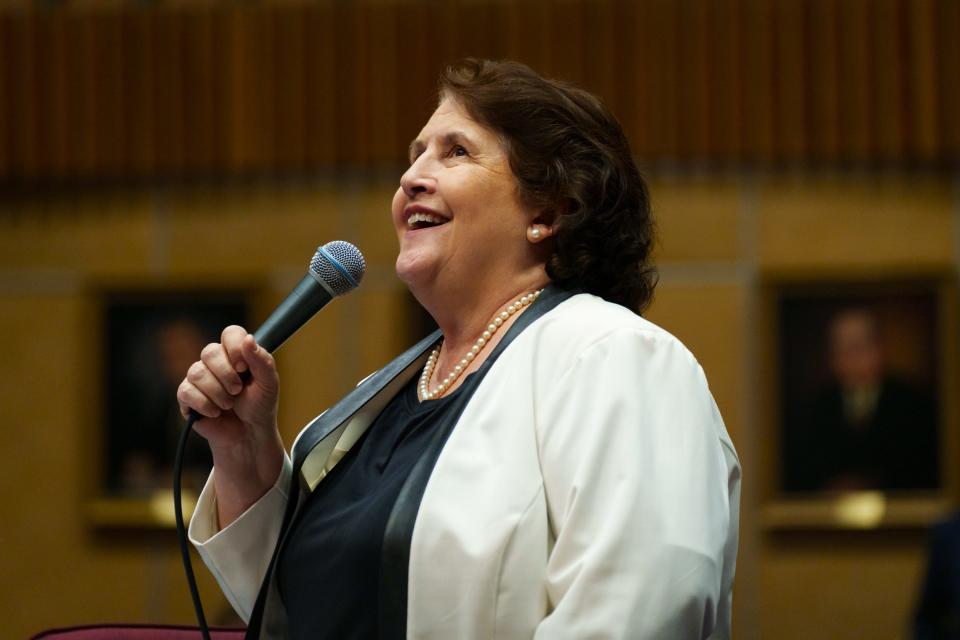 Minority Leader, Sen. Mitzi Epstein speaks during an open session on March 20, 2023 at the State Capitol in Phoenix, AZ.