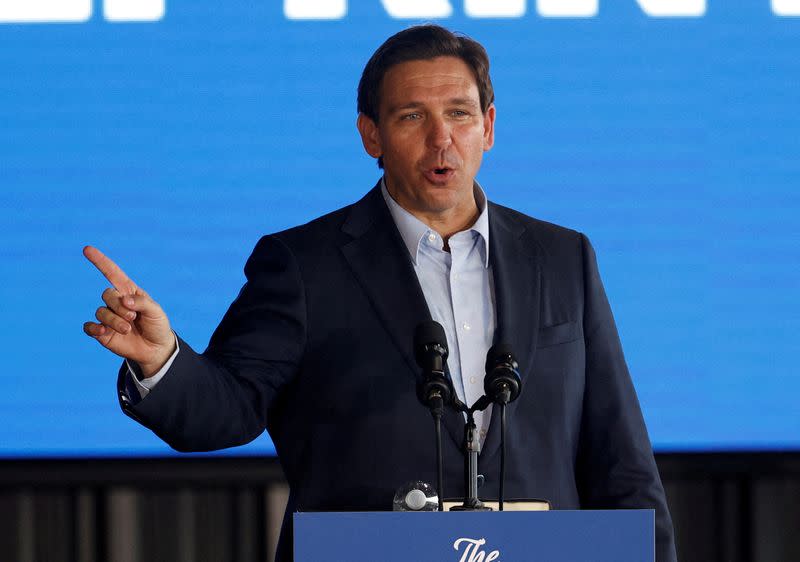 FILE PHOTO: Florida Governor Ron DeSantis speaks in Pinellas Park