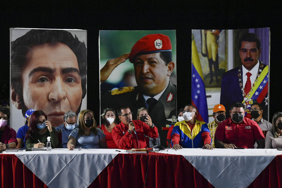 Former ruling party Foreign Minister Jorge Arreaza concedes the previous day's gubernatorial re-run election to opposition candidate Sergio Garrido in Barinas, Venezuela, Monday Jan. 10, 2022. (AP Photo/Matias Delacroix)