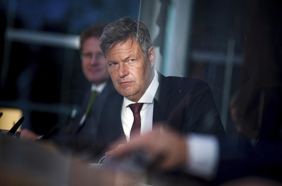 Federal Minister of Economics and Climate Protection Robert Habeck announces the results of the stress test on the continued operation of nuclear power plants, in Berlin, Germany, Monday Sept. 5, 2022. The stress test was to examine the impact of the tense situation on the energy markets on the security of electricity supply. On the basis of this, a decision is to be made on the possible continued operation of the last three nuclear power plants in Germany beyond the end of the year. (Kay Nietfeld/dpa via AP)