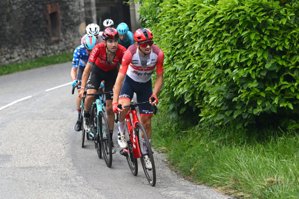 GRENOBLE ALPES MTROPOLE FRANCE  JUNE 11 LR Clment Champoussin of France and Team Arka Samsic and Giulio Ciccone of Italy and Team Trek  Segafredo lead the breakaway during the 75th Criterium du Dauphine 2023 Stage 8 a 1528km stage from Le PontdeClaix to La Bastille  Grenoble Alpes Mtropole 498m  UCIWT  on June 11 2023 in Grenoble Alpes Mtropole France Photo by Dario BelingheriGetty Images