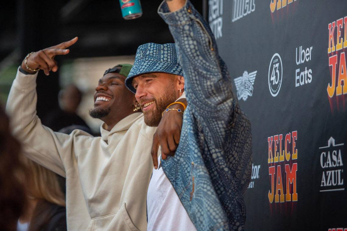 Kansas City Chiefs wide receiver Marquez Valdes-Scantling, left, joined tight end Travis Kelce on the red carpet before Kelce Jam at Azura Ampitheater on Friday. Emily Curiel/ecuriel@kcstar.com