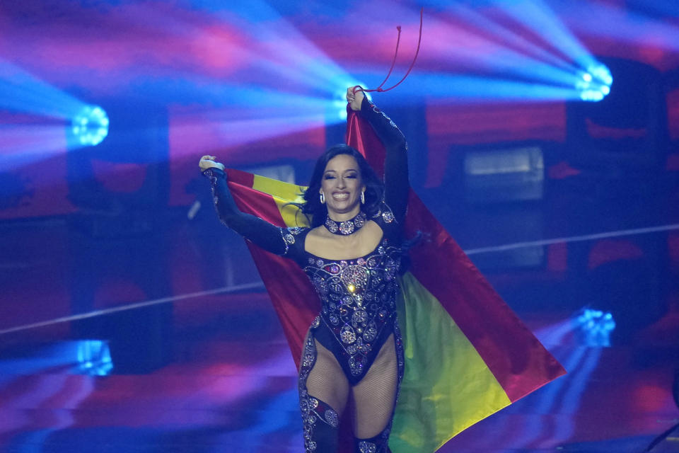 Chanel from Spain singing 'SloMo' arrives for the Grand Final of the Eurovision Song Contest at Palaolimpico arena, in Turin, Italy, Saturday, May 14, 2022. (AP Photo/Luca Bruno)