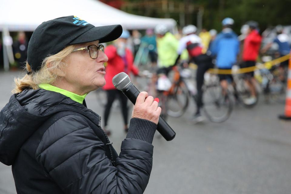 Terry Waite, associate executive director, delivers remarks during the 25th Annual Cystic Fibrosis Foundation Cycle For Life at Our Lady of Fatima Shrine in Holliston, Oct. 1, 2022.