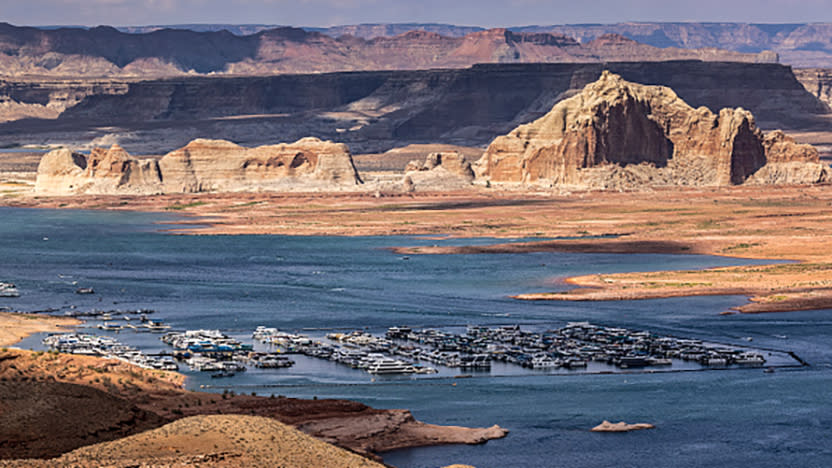 Record low water level on July 2, 2021 near Page, Arizona at Wahweap Bay on Lake Powell as the drought continues to worsen. / Credit: David McNew/Getty Images