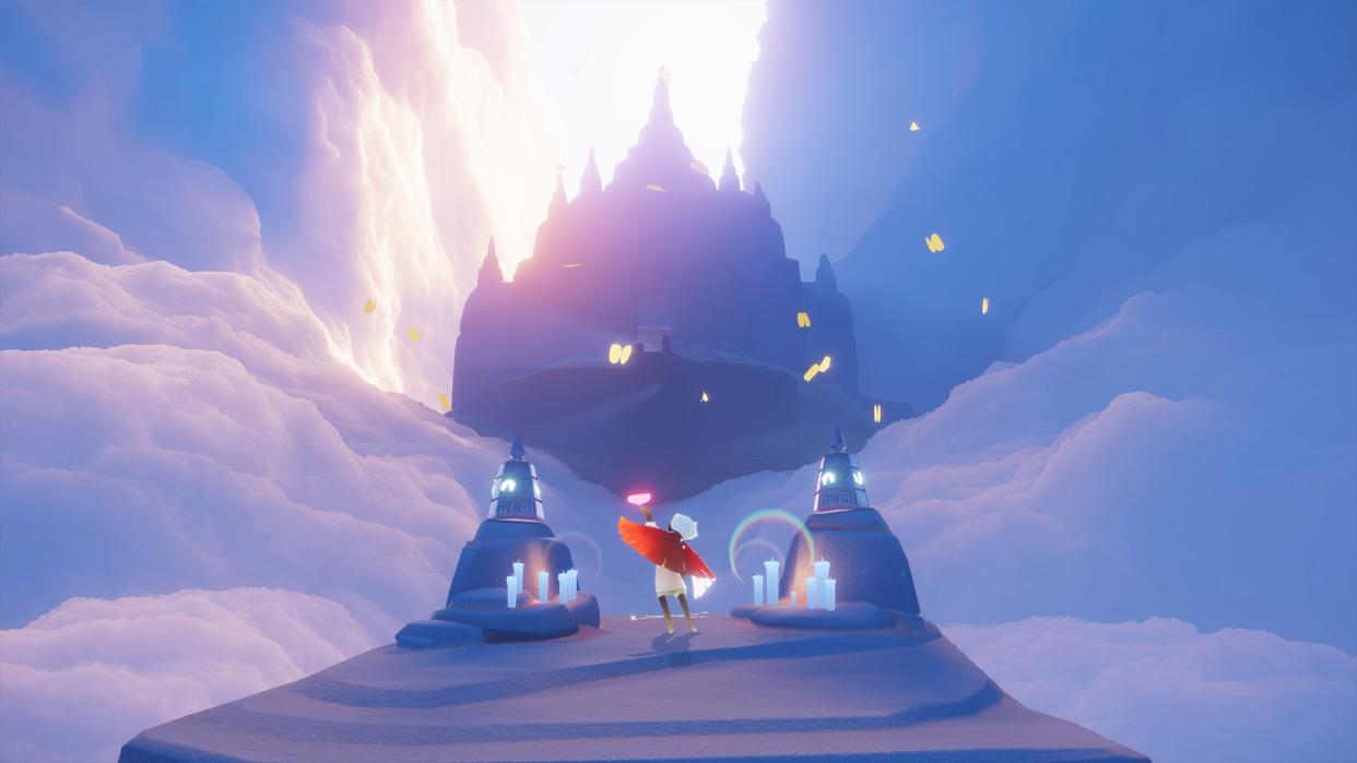  Sky: Children of the Light - a player holds a butterfly on their hand while standing in front of a temple floating in the clouds at sunset. 