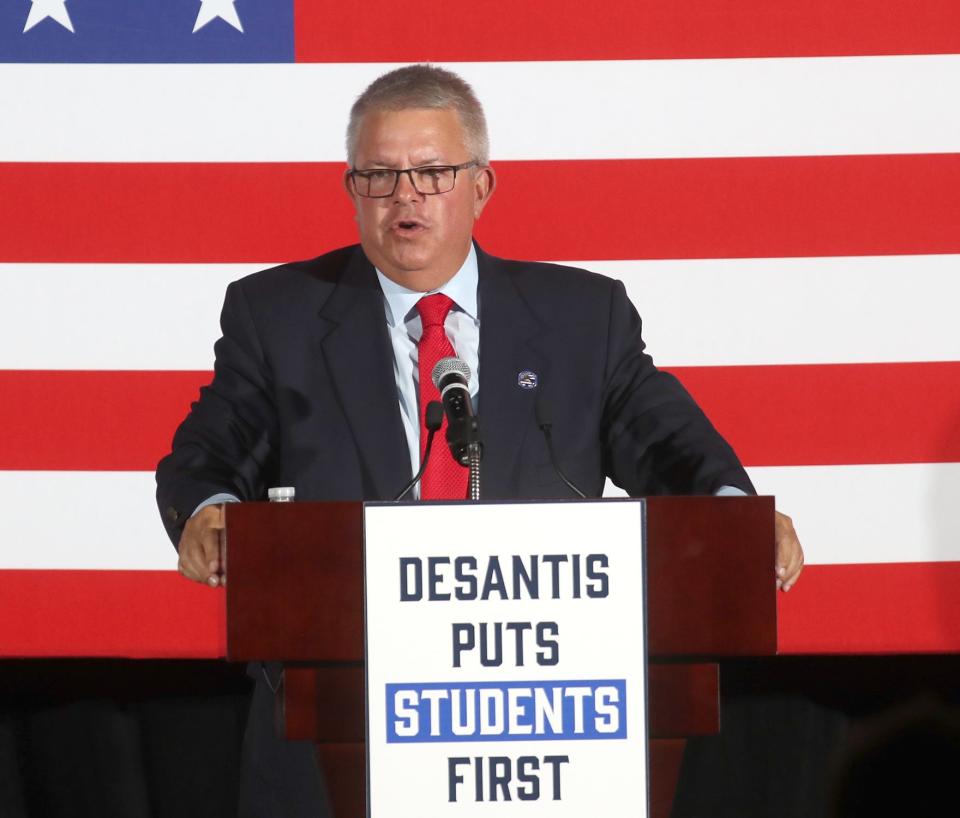 Sarasota District 5 School Board Candidate Tim Enos spoke to voters before Florida Governor Ron DeSantis took the stage at the Sahib Shriner Event Center on Sunday as part of his Education Agenda Tour across the state. MATT HOUSTON/HERALD-TRIBUNE