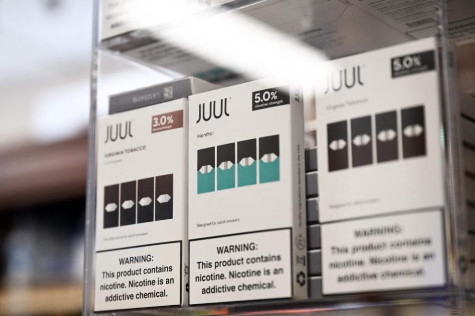 Virginia tobacco and menthol flavored vaping e-cigarette products at a convenience store in California.