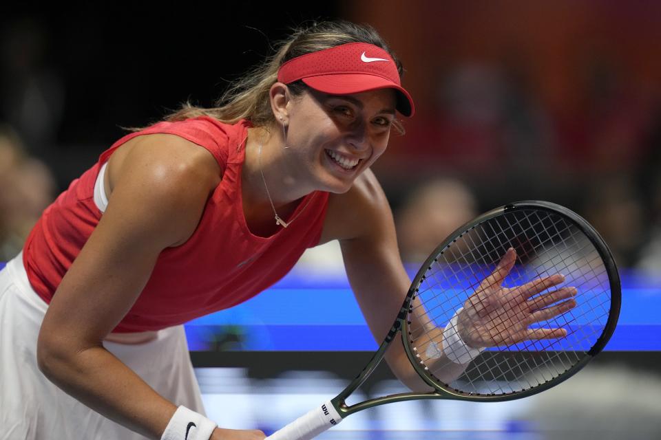 Paula Badosa of Falcons reacts against Caroline Garcia of Eagles, during a match of the World Tennis League at Coca-Cola Arena, in Dubai, United Arab Emirates, Wednesday, Dec. 21, 2022. (AP Photo/Kamran Jebreili)