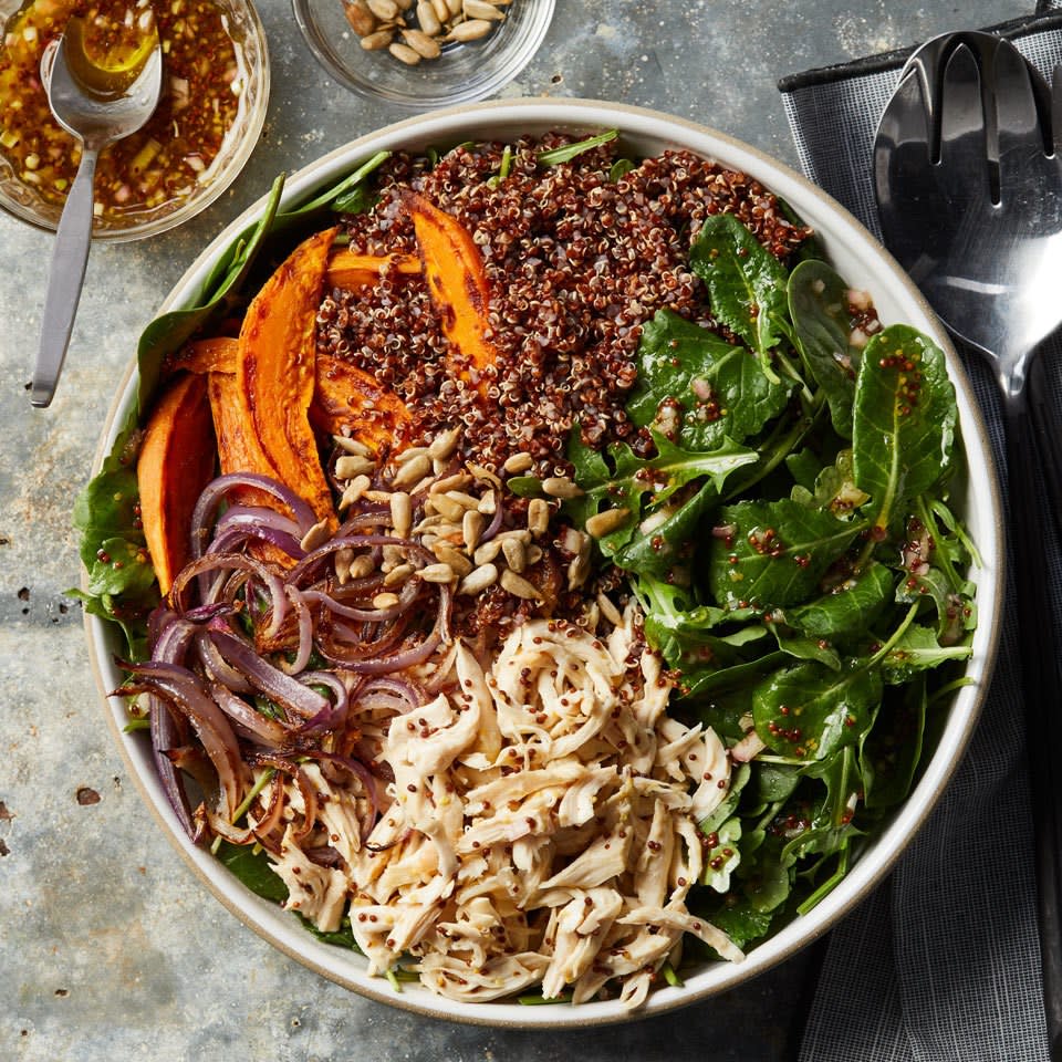 <p>Make this satisfying salad in the evening and enjoy one portion for dinner, then pack the remaining portion for lunch the next day. Loaded with protein- and fiber-rich ingredients like chicken, sweet potato and quinoa plus power greens, this meal is nutrition-packed!</p>