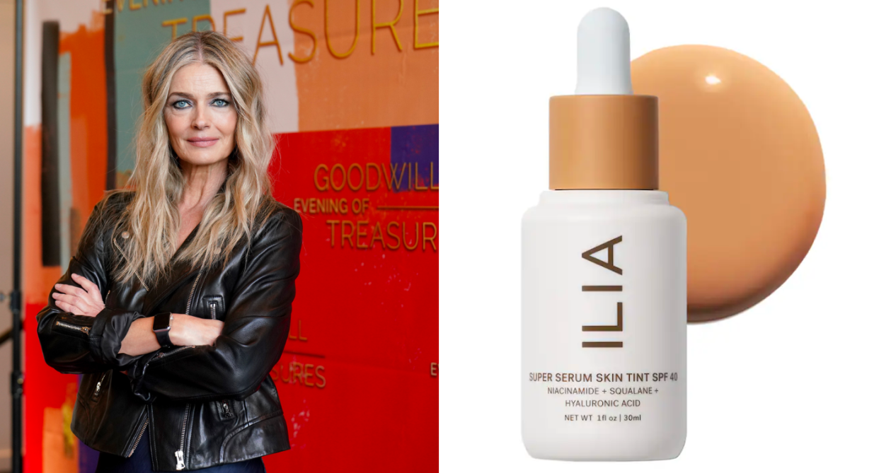 Paulina Porizkova shared her beauty routine on Instagram, which includes the ILIA Super Serum Skin Tint SPF 40 Foundation. (Photos by Jared Siskin/Patrick McMullan via Getty Images, Sephora)