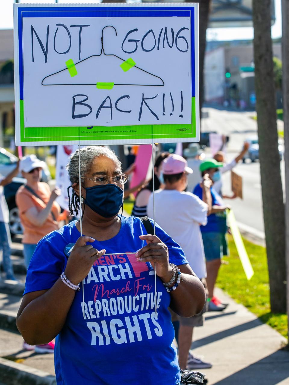 In this file photo from October 2, 2021, Francine Julius Edwards marches in an abortion rights rally in Ocala. The Supreme Court overturned Roe v. Wade on Friday, eliminating a constitutional right to an abortion. Julius Edwards said she was "devastated" by the news.