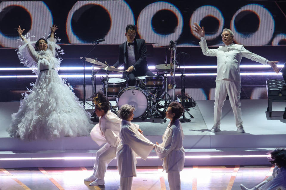 Stephanie Hsu and David Byrne perform at the 95th Academy Awards