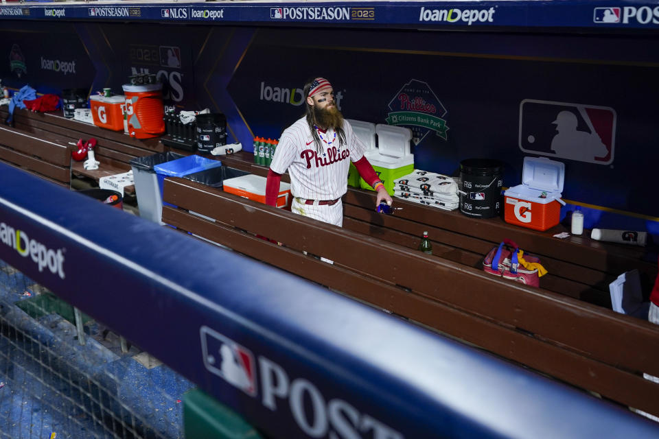 Philadelphia Phillies center fielder Brandon Marsh leaves after their loss against the Arizona Diamondbacks in Game 6 of the baseball NL Championship Series in Philadelphia Monday, Oct. 23, 2023. (AP Photo/Matt Slocum)