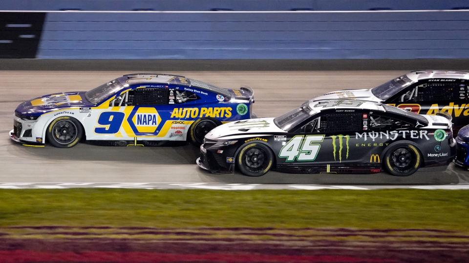 NASCAR Cup Series driver Kurt Busch (45) tails Chase Elliott (9) during the Ally 400 at the Nashville Superspeedway in Lebanon, Tenn., Sunday, June 26, 2022.