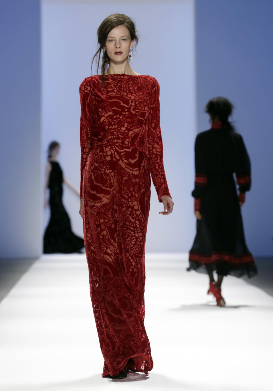 The Tadashi Shoji Fall 2013 collection is modeled during Fashion Week in New York on Thursday, Feb. 7, 2013. (AP Photo/Richard Drew)