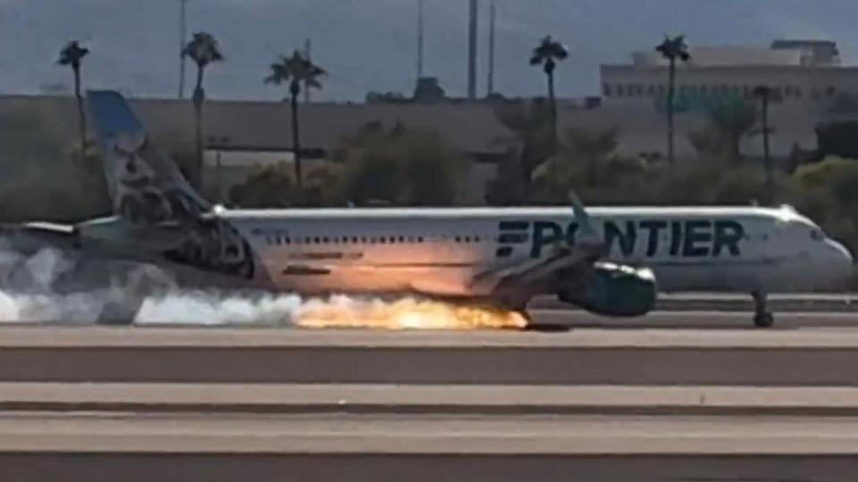 PHOTO: Frontier Flight 1326 made a rough landing with flames sparking from the wheels Saturday afternoon at Harry Reid International Airport in Las Vegas. (@TylerHerrick / X)