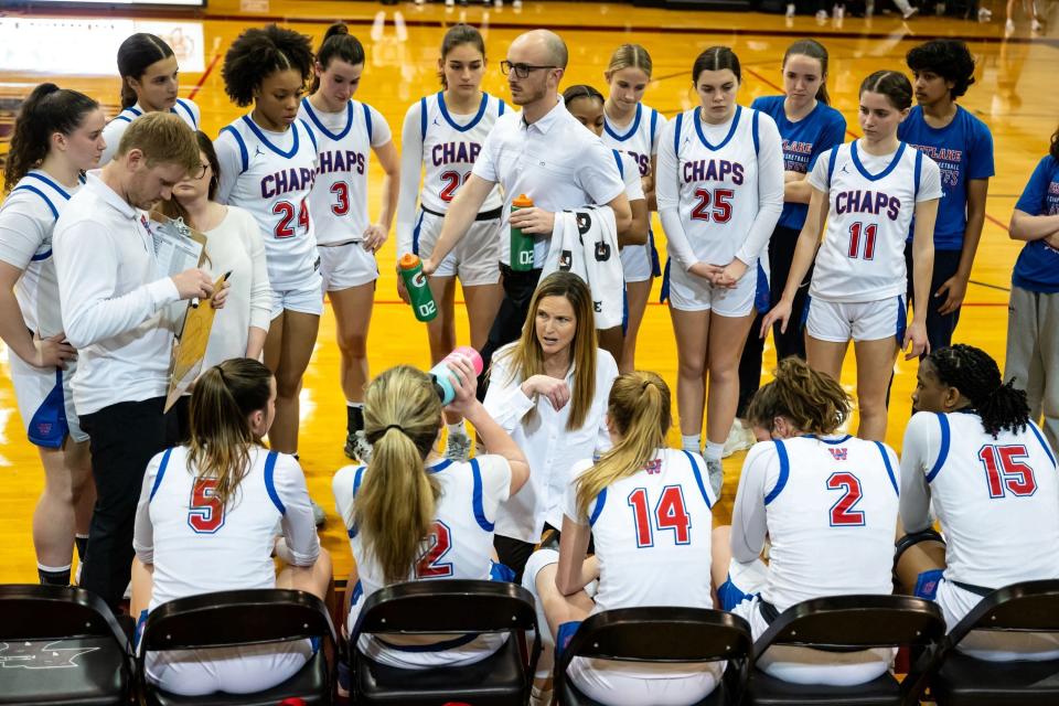 Westlake head coach Vickie Benson chats with her team during a timeout in the Chaparrals' 47-34 win over Round Rock in the Class 6A bi-district playoffs. The Chaps are the lone Class 6A team still playing in the postseason; the regional quarterfinals are Tuesday night.