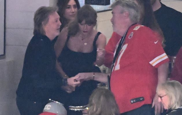 Icon Paul McCartney and Taylor Swift are seen with Travis Kelce's father, Ed.